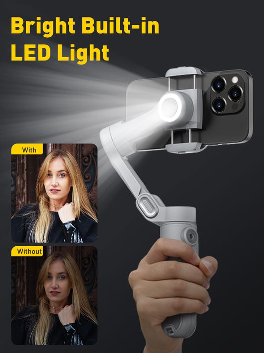 Professional 3-Axis Smartphone Gimbal Stabilizer with Face/Object Tracking for iPhone 15/14 Pro Max and Android, Foldable Design with Built-In Light and 1/4" Threads for TikTok and YouTube Vlogging (Smart X Grey)