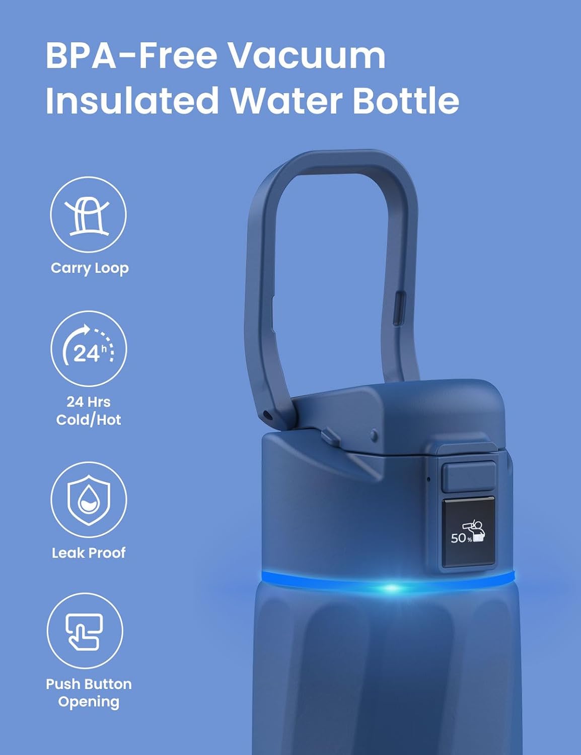 Smart Water Bottle with Hydration Reminder, 24oz BPA-Free Stainless Steel Vacuum Insulated Design, Wide Mouth Water Tracker with App Integration, Perfect Gift in Blue