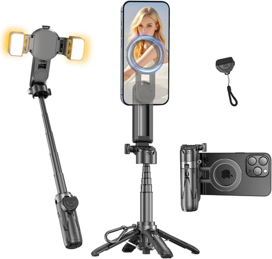 Magnetic Mini Phone Selfie Stick, Small Portable Pocket Tripod for Iphone/Android, Magnetic Chuck ＆ Clip 2 in 1, with Detachable Remote & 2 Fill Light for Photograph/Live/Video Recording