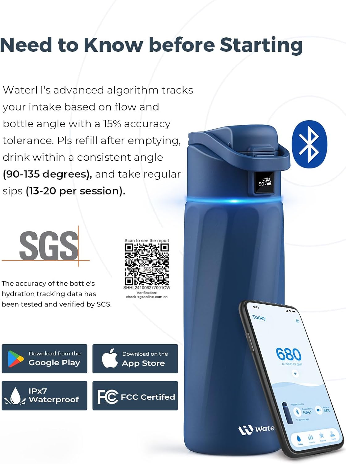 Smart Water Bottle with Hydration Reminder, 24oz BPA-Free Stainless Steel Vacuum Insulated Design, Wide Mouth Water Tracker with App Integration, Perfect Gift in Blue