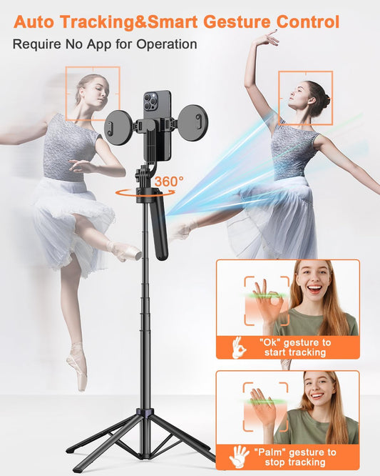 71” Auto Face Tracking Tripod for Iphone with Light,360° Rotating Phone Stand with Rechargeable Remote Control