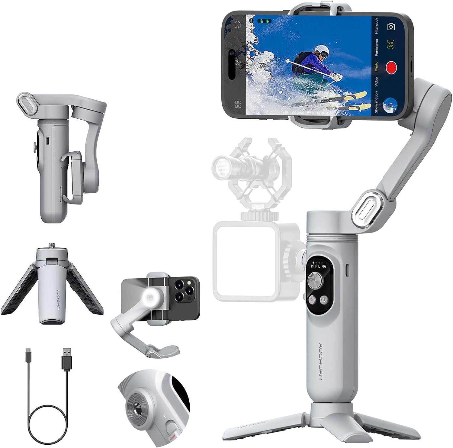 Professional 3-Axis Smartphone Gimbal Stabilizer with Face/Object Tracking for iPhone 15/14 Pro Max and Android, Foldable Design with Built-In Light and 1/4" Threads for TikTok and YouTube Vlogging (Smart X Grey)