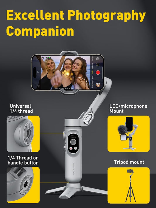 Professional 3-Axis Smartphone Gimbal Stabilizer with Face/Object Tracking for iPhone 15/14 Pro Max and Android, Foldable Design with Built-In Light and 1/4" Threads for TikTok and YouTube Vlogging (Smart X Grey)