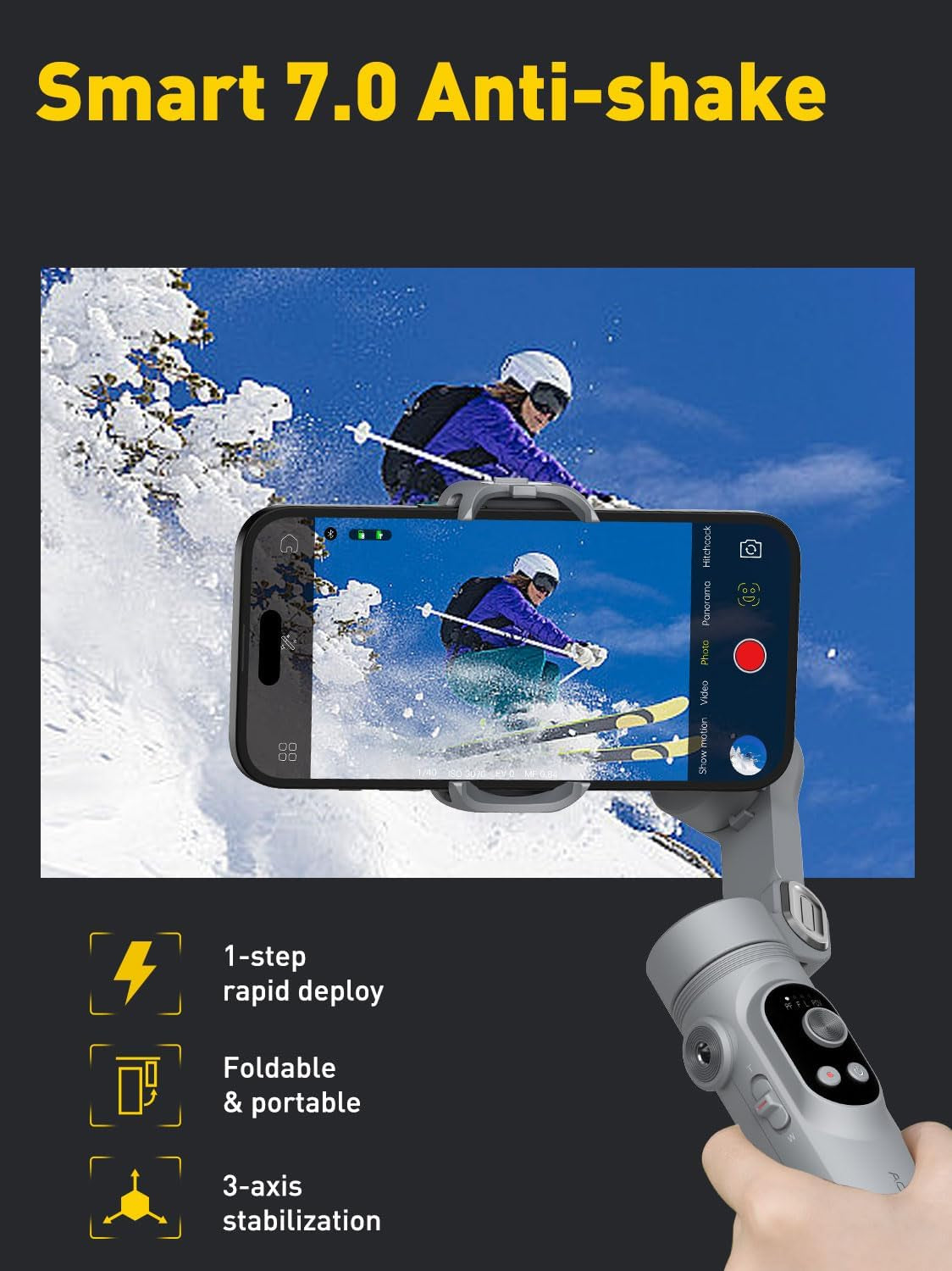 Professional 3-Axis Smartphone Gimbal Stabilizer with Face/Object Tracking for iPhone 15/14 Pro Max and Android, Foldable Design with Built-In Light and 1/4" Threads for TikTok and YouTube Vlogging (Smart X Grey)